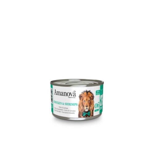 lata delantera del producto Amanova Pollo Y Gambas En Gelatina Natural Para Gato Adulto