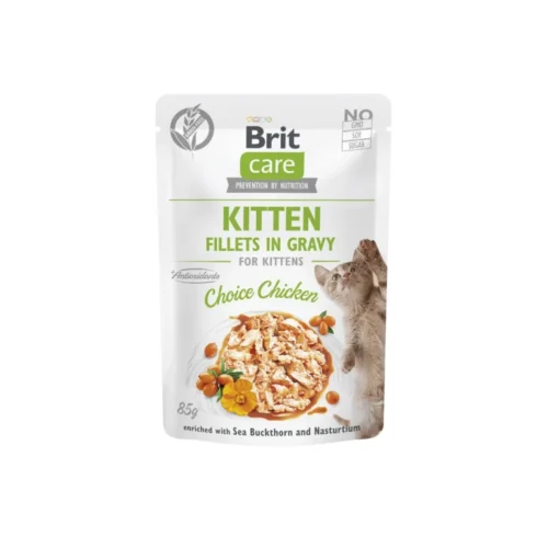 paquete frontal brit care cat kitten filetes de pollo en salsa 85 g
