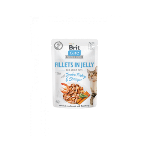 paquete frontal brit care cat pouch tender pavo y gambas en gelatina 85 g