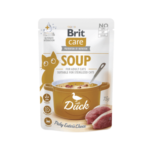 Sobre frontal del producto Brit Care Cat Sopa Con Pato