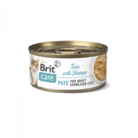 brit-care-cat-sterilized-pate-gato-adulto-esterilizado-pate Lata frontal del producto Brit Care Cat Sterilized Paté de Atún con Gambas