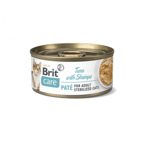 Lata frontal del producto Brit Care Cat Sterilized Paté de Atún con Gambas