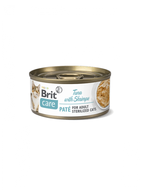 Lata frontal del producto Brit Care Cat Sterilized Paté de Atún con Gambas