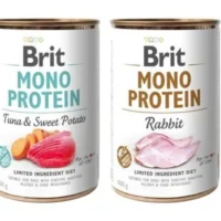 varias latas de la gama Brit Mono Protein incluyendo Brit Mono Protein Cordero y Arroz