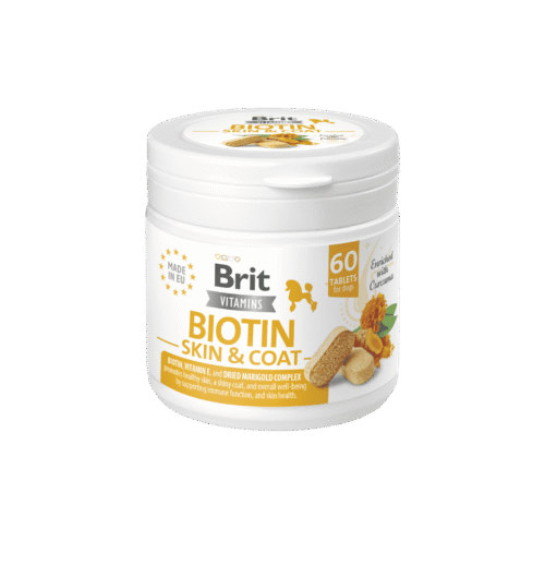 envase suplemento brit vitamins biotin skin & coat care 60 tabletas perros