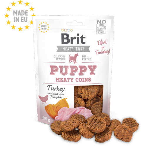 pack frontal Brit Care Meat Jerky Snack Turkey Meaty Coins Para Cachorros