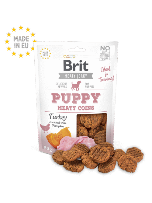 pack frontal Brit Care Meat Jerky Snack Turkey Meaty Coins Para Cachorros
