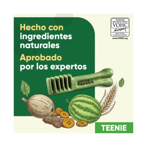 Snack dental Greenies acompañado de ingredientes naturales ilustrados