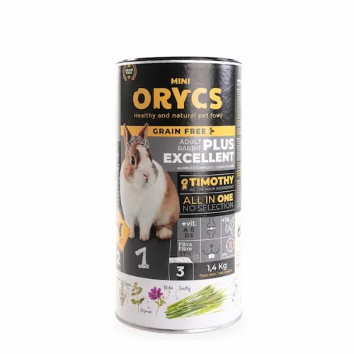 Orycs Adult Plus Excellent Alimento Para Conejos Adultos Grain Free en envase cilíndrico negro