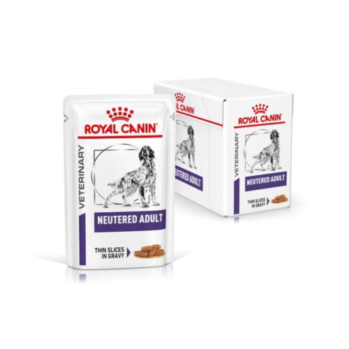 Royal Canin Neutered Adult Finas Láminas en Salsa pack y caja de comida húmeda