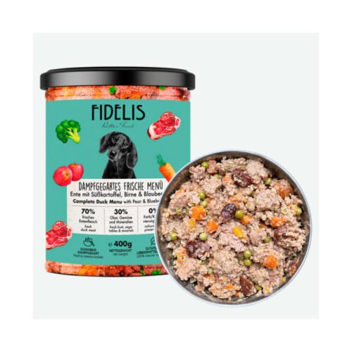 Alimentación húmeda natural Fidelis de pato y batata. Fidelis Menú Fresco Pato con Batata y Pera 400g