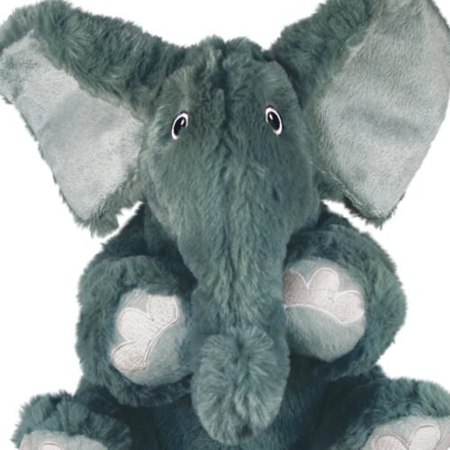 Primer plano del rostro del peluche KONG Comfort Kiddos Elephant XS con texturas suaves