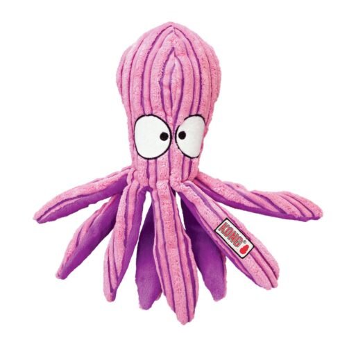 Primer plano superior del juguete para perro KONG CuteSeas Octopus Large con textura de pana rosa