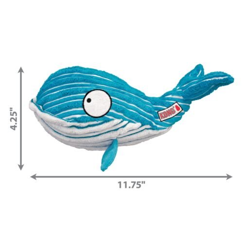 Infografía con medidas del KONG CuteSeas Whale Large mostrando 11.75 pulgadas de largo