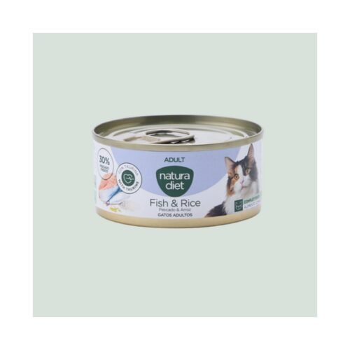 Lata de comida húmeda Natura Diet Adult Fish & Rice para gatos