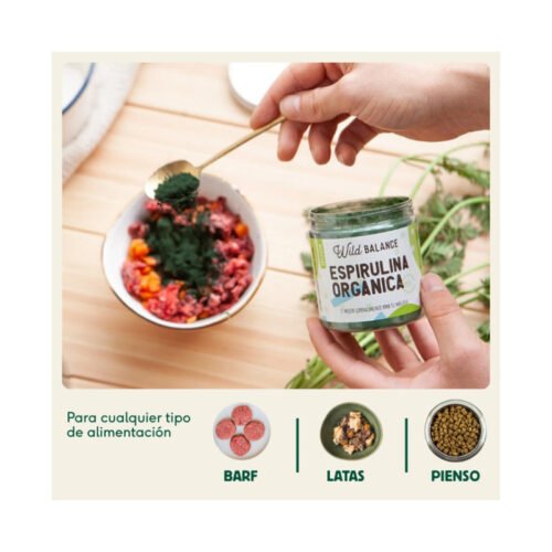 Apto para BARF, latas y pienso Administración de espirulina en comida BARF para mascotas