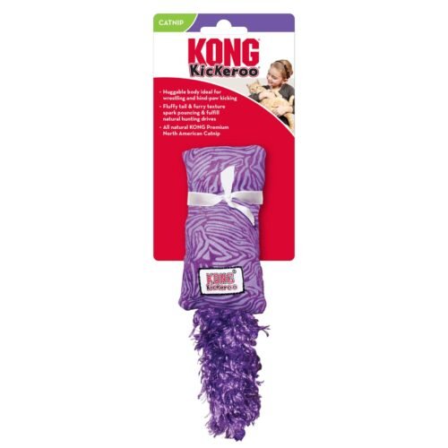 kong-kickeroo-kitten-purpura-empaqueV96G6 Juguete KONG Kickeroo Kitten purpura con diseño de cebra