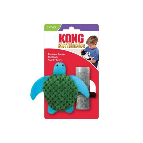 Juguete para gatos KONG Refillables Turtle en su empaque original con vial de hierba gatera premium incluido