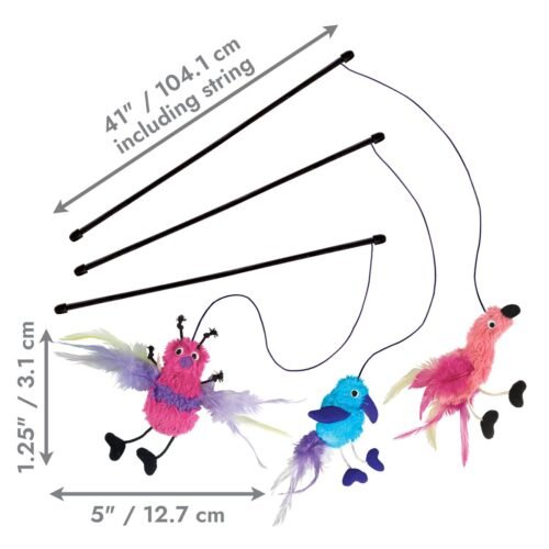 Infografía con medidas del juguete para gatos KONG Teaser Feather Assorted