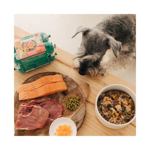 Perro Schnauzer con ingredientes frescos de salmón y ternera