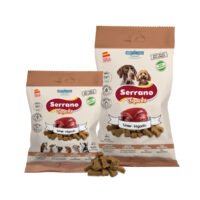 Pack frontal de los snacks Mediterranean Natural Serrano Snacks de Hígado para perros, bolsa marrón con forma de huesito