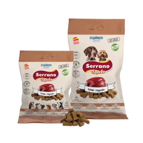 Pack frontal de los snacks Mediterranean Natural Serrano Snacks de Hígado para perros, bolsa marrón con forma de huesito