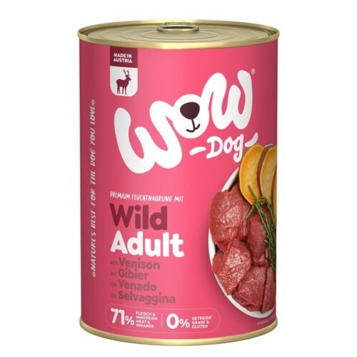 Lata de comida húmeda WOW Dog Adulto sabor venado con algas y boniato de 400g para perros adultos