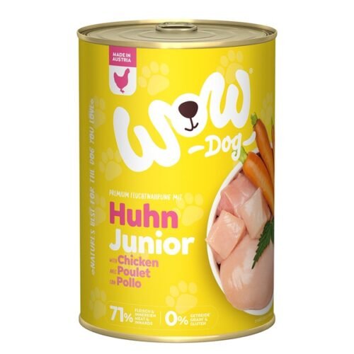 Lata de comida húmeda WOW Dog Junior sabor pollo con zanahorias de 400g para perros cachorro