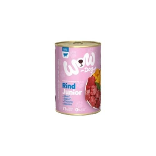 Lata de comida húmeda WOW Dog Junior sabor vacuno con calabaza de 400g para perros cachorro