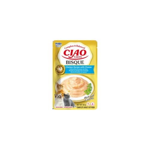 Sobre de Ciao Entrée Bisque sabor pollo con queso para gatos, vista delantera