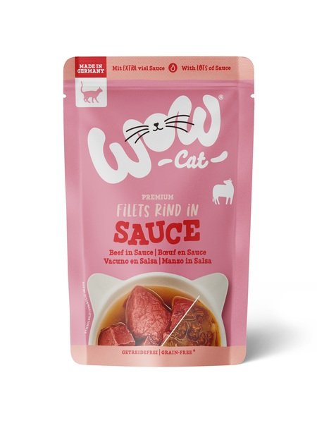 WOW Cat Adulto Ternera en Salsa 85g - sobre frontal Sobre de comida húmeda WOW Cat Adulto con ternera en salsa de 85g para gatos