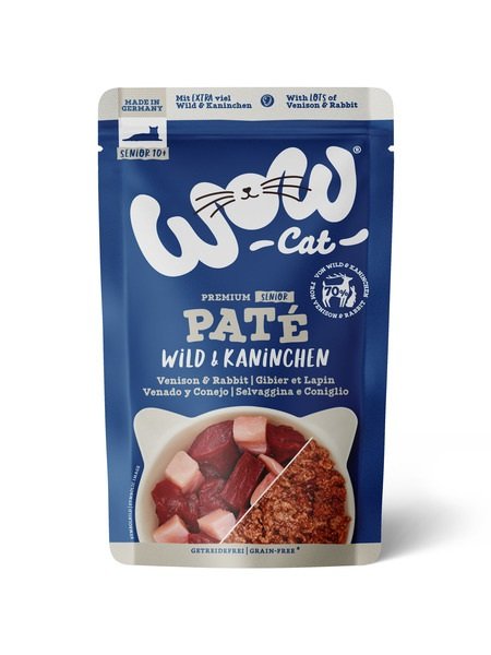 WOW Cat Sénior Venado y Conejo 125g - sobre frontal Sobre de comida húmeda WOW Cat Sénior sabor venado y conejo de 125g para gatos mayores